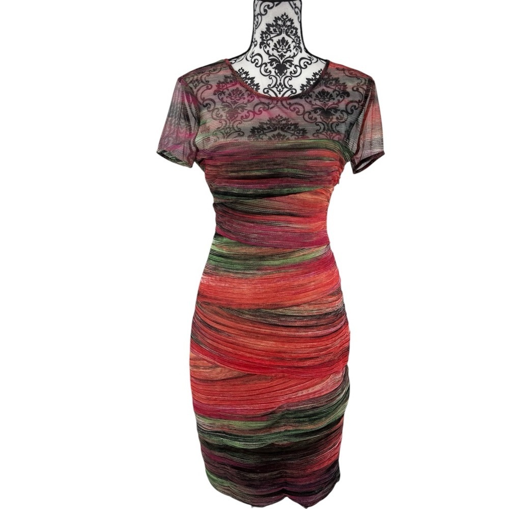 BCBG MaxAzria Donna Colorful Ruched Unique Mesh Bodycon Cap Sleeve Sheath Dress - Picture 7 of 16